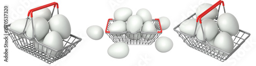Wire baskets filled with white eggs, isolated on white transparent background, concept of kitchen storage.