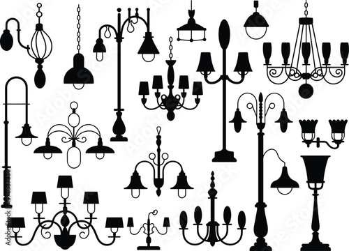  Vector silhouettes of vintage lamps, chandeliers, hanging lights, and wall fixtures for elegant interior and exterior lighting design projects flat vector illustration