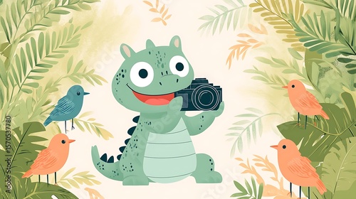 Snappy the Crocodile snapping photos of doodle birds in a jungle, smiling wide with camera ready, pastel green and blue colors, light background with leaves. Bold outlines, vector illustration,