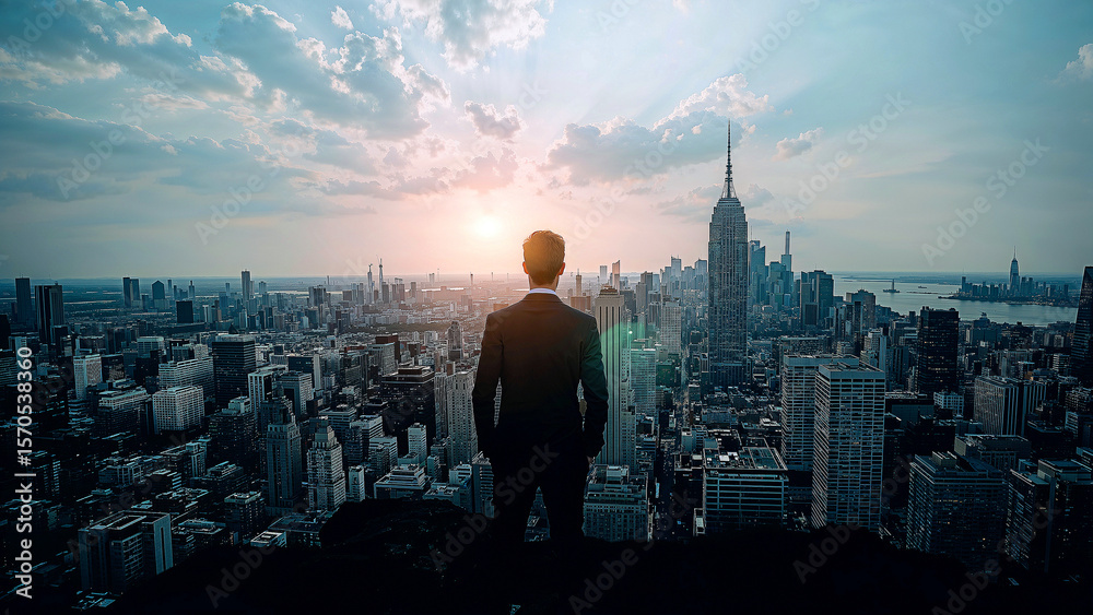 Fototapeta premium Confident businessman silhouetted against urban skyscrapers