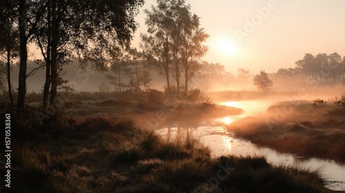 Sunrise Over Misty Wetlands with Trees Reflected in Calm Water