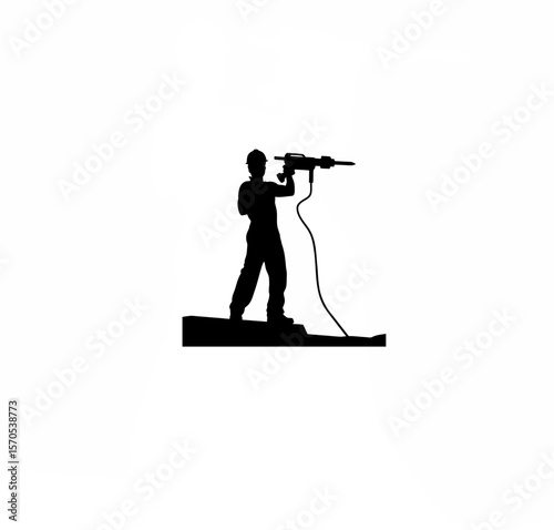Silhouette of construction worker holding jackhammer on white background