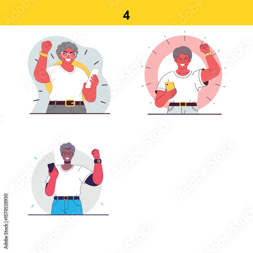 Diverse people celebrating success and holding smartphones with raised fists