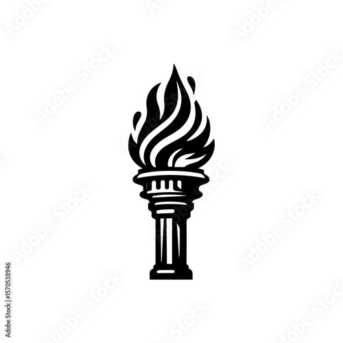 A stylized black and white illustration of a flaming torch atop a classical column.