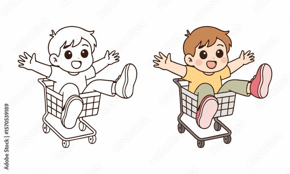 Fototapeta premium Man with shopping trolley coloring page for kids