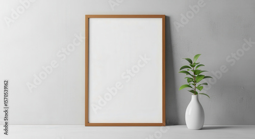 Vertical Wooden Frame With White Blank Space Leaning Against Textured Gray Wall Beside a Green Plant in a White Vase