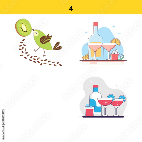 Cute cartoon bird eating kiwi seeds and two colorful cocktails with fruit garnishes