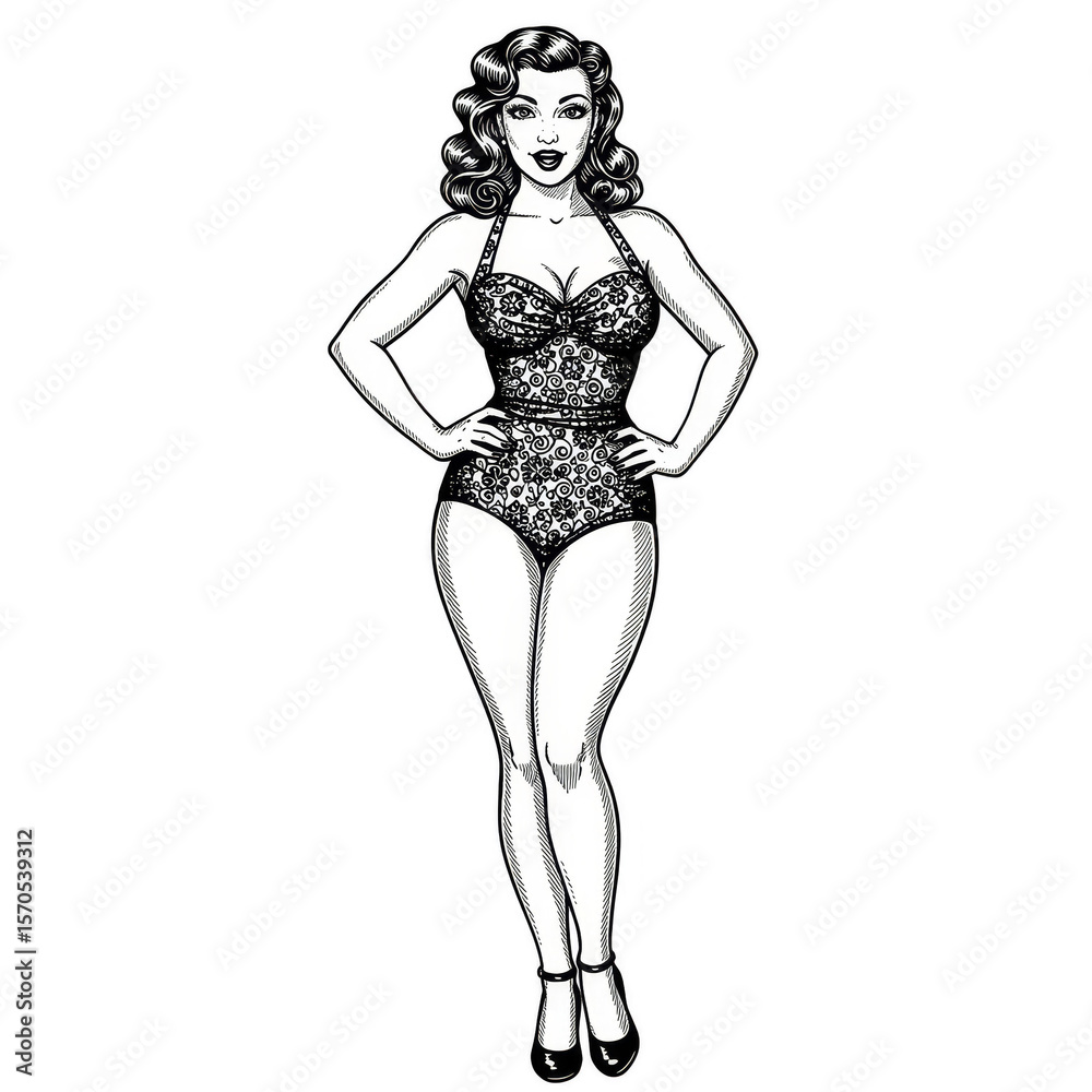 Retro Illustration of Woman Pin-Up in Swimsuit with Black Background Retro Illustration of Woman Pin-Up in Swimsuit with Black Background