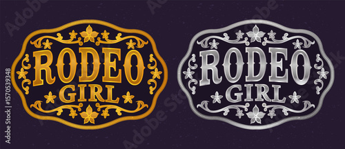 Rodeo Girl belt buckle Label Cowboy bull rider floral details Cowgirl Rustic Decor style emblem vector design