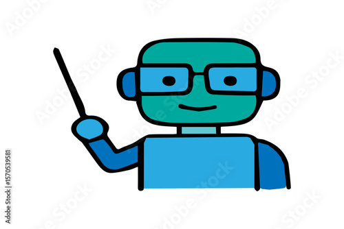 The image displays a colorful, cartoon-style depiction of a friendly robot in a teaching or presenting pose, set against a plain white background. 