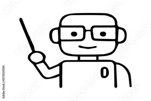 The image displays a clear black outline drawing of a cartoon-style robot in a teaching or presenting pose, isolated on a plain white background.