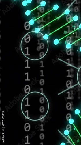 Animation of dna strands and newtork of connections over data processing on black background