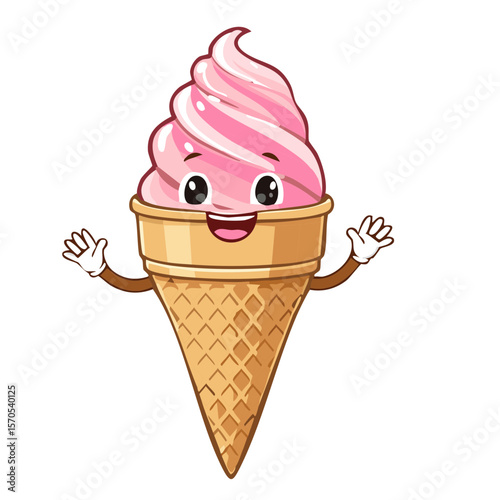 Cute Cartoon Pink Ice Cream Cone Character Smiling and Waving Cheerfully