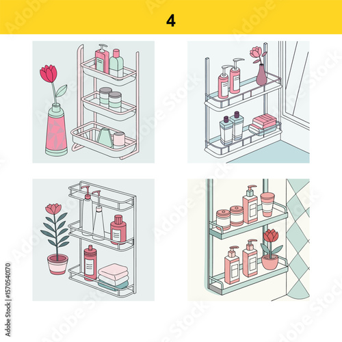 Four isometric illustrations of bathroom shelves holding toiletries and decorative flowers