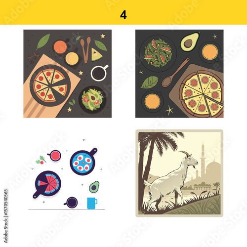 Flat design illustration of food and drink items and a goat with a mosque background