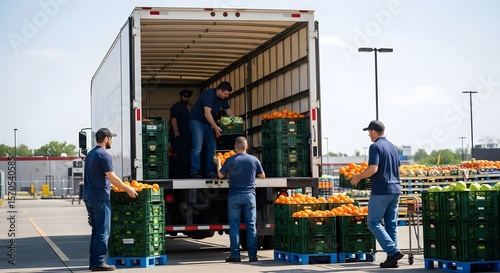 Workers Loading Fresh Oranges into Truck at Distribution Center
