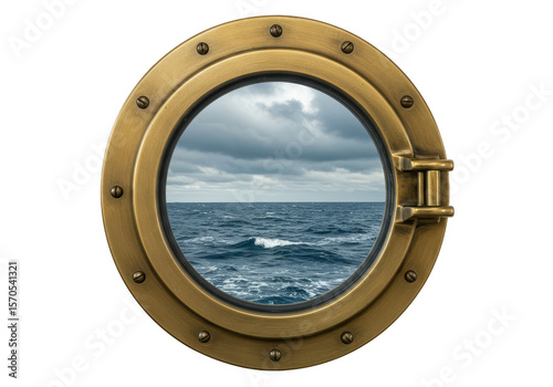Round Brass Porthole Window to Overlook Stormy Ocean View