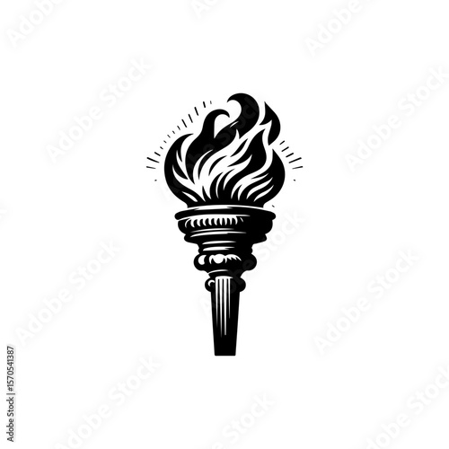 A stylized black and white illustration of a burning torch, featuring detailed flame and ornate base.