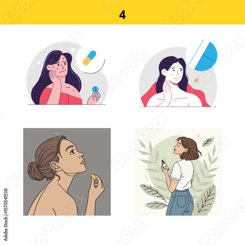 Young women experiencing skin problems and using beauty products for skincare
