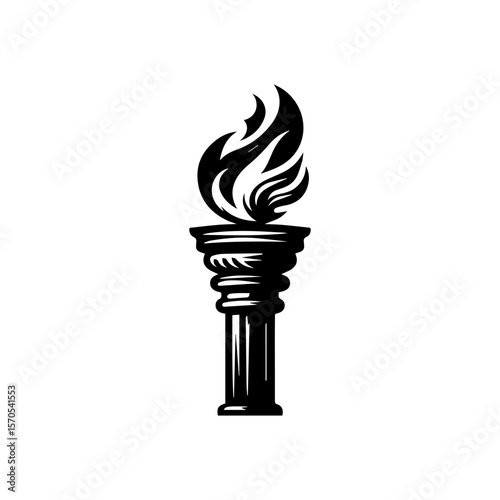 A stylized black and white illustration of a flaming torch atop a classical column.