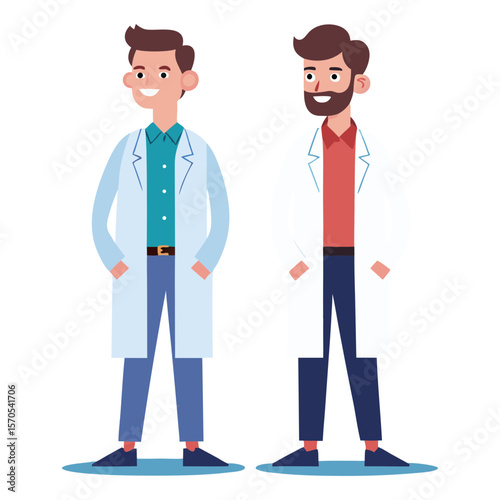 Two smiling scientists in lab coats standing together with hands in pockets