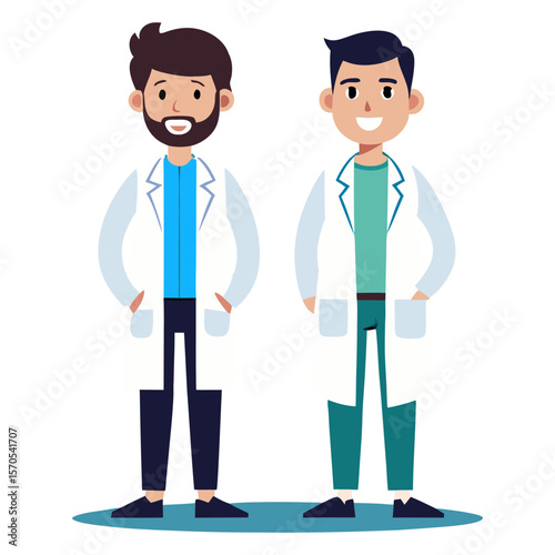 Two smiling doctors wearing white lab coats and blue scrubs