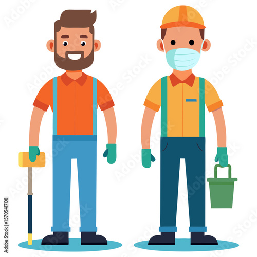 Two cartoon workers one wearing a face mask ready for work