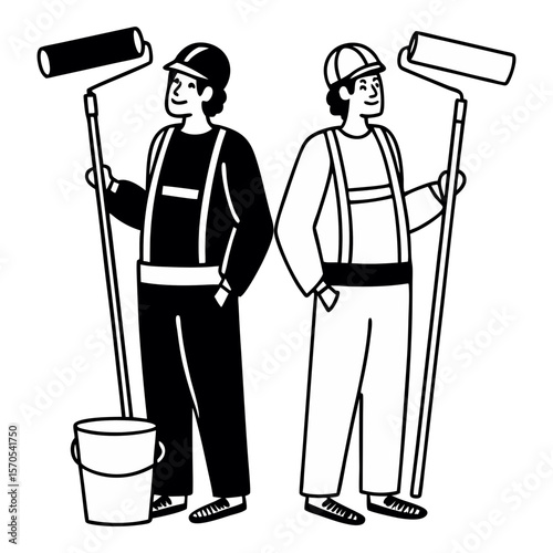 Two painters with tools ready to work on a black background