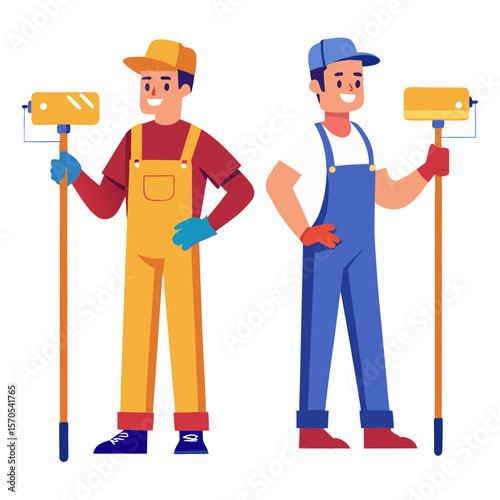 Two cheerful painters in overalls holding paint rollers ready for work