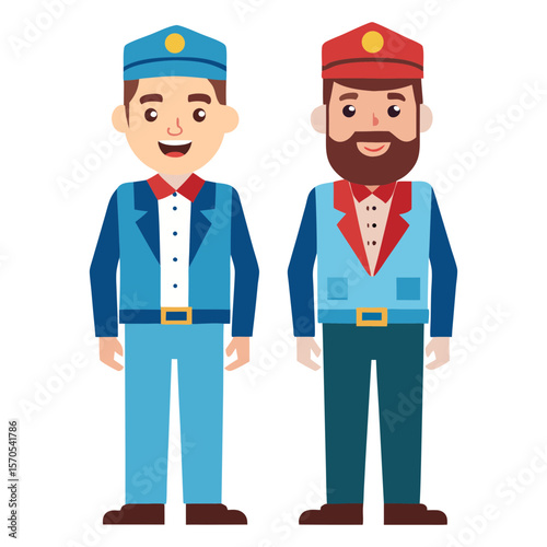 Two cartoon men in uniforms standing side by side