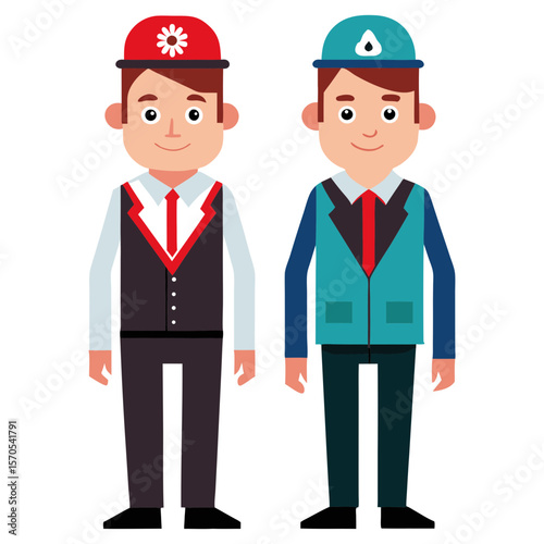 Two stylized men in formal attire with unique hats and vests
