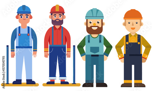 Diverse group of cartoon construction workers in uniforms