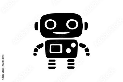 The image presents a black and white silhouette or line art depiction of a simple, stylized robot against a plain white background