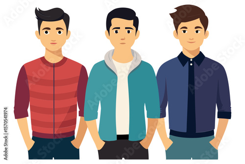 Three diverse young men standing together in casual attire