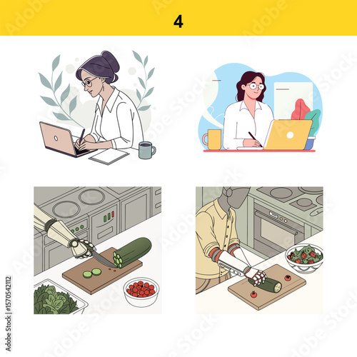 Modern women working on laptops and robots preparing food in a kitchen