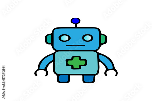 The image features a cartoon-style robot rendered in shades of blue and green, set against a plain white background. This robot has a distinct medical or helpful theme