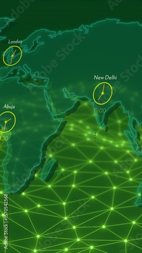 World map with time zones and network connections over green grid