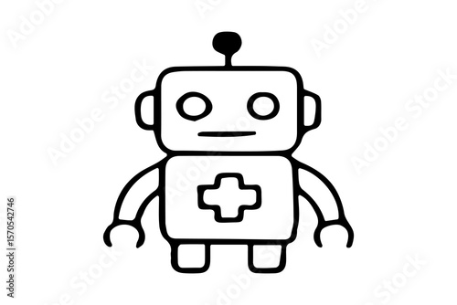 The image displays a clear black outline drawing of a cartoon-style robot with a medical or helpful theme, presented on a plain white background.