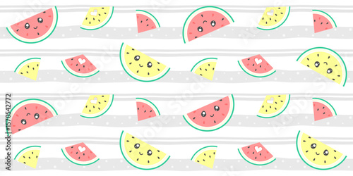 Red and yellow watermelon slices with a cute face and a carved heart on a striped background with dots. Colorful endless texture with kawaii summer fruit. Vector seamless pattern for surface texture