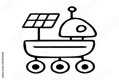 The image presents a clear black outline drawing of a cartoon-style robotic rover, isolated on a plain white background