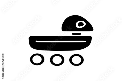 The image displays a stark black and white silhouette or solid icon of a robotic rover, set against a plain white background.