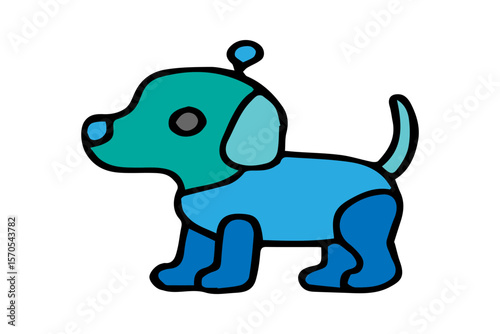 The image displays a colorful, cartoon-style depiction of a robotic dog, presented in a side profile view against a clean white background.