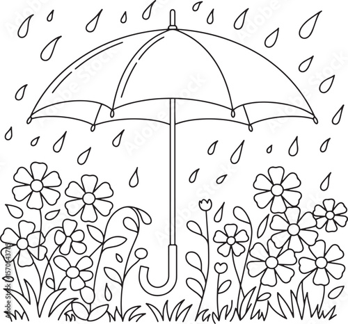 Cute Umbrella with Flowers in Rain Black and White Spring Coloring Page, Umbrella and Flowers Coloring Page, Spring Rain Line Art, Floral Umbrella Illustration, Rainy Day Coloring Sheet