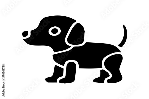 The image displays a stark black and white silhouette or solid icon of a robotic dog, presented in a side profile view against a plain white background.