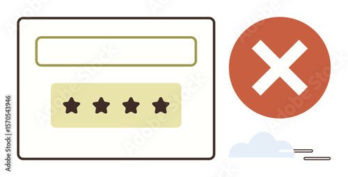 Login form with blank text field and stars, paired with a red cross sign symbolizing denial or error. Ideal for failure, rejection, unsuccessful attempts, warning, error, login issues, simple flat