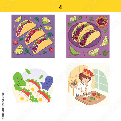 Four delicious flat design illustrations of tacos and a person preparing food