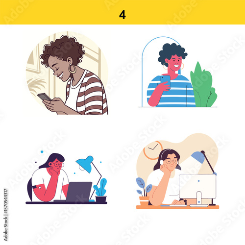 Four diverse women engaged in modern activities using technology and working from home