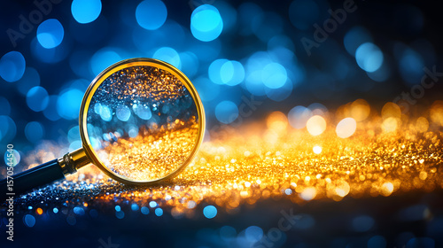 Magnifying glass focuses on sparkling gold and blue glitter, creating magical and enchanting effect