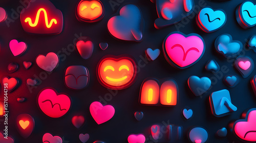 Colorful glowing heart and smiley symbols create vibrant, modern design on dark background