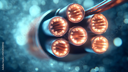 Cross section of thick electrical cable showing copper wires glowing with energy